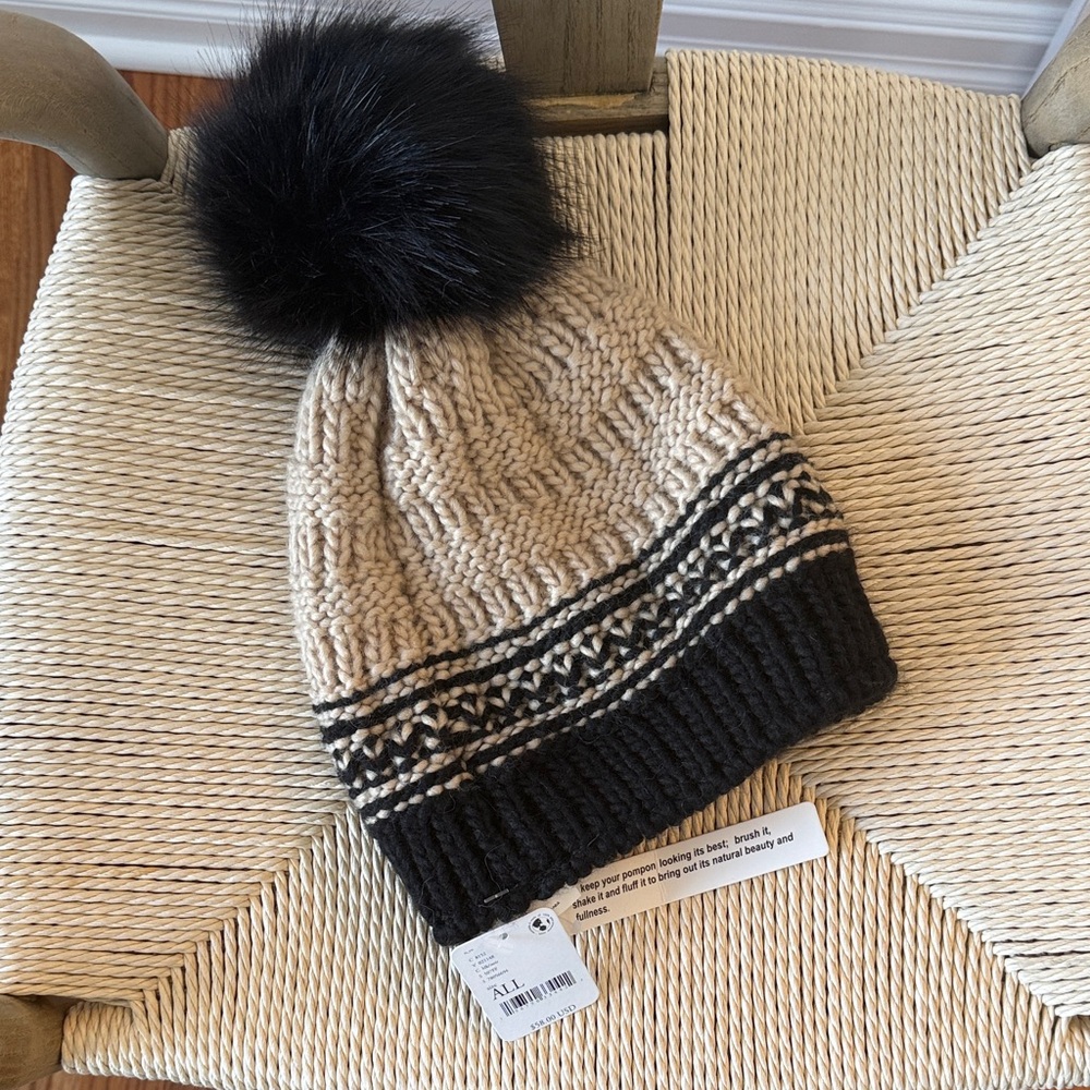 Free People Tan and Black Knit Hat with Pom-Pom